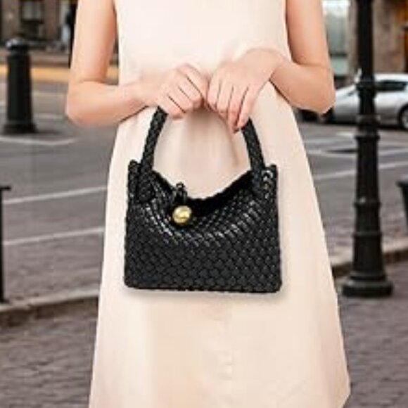 Neiman Marcus Black Woven Vegan Leather Handbag with Gold Sphere Clasp - Picture 2 of 3